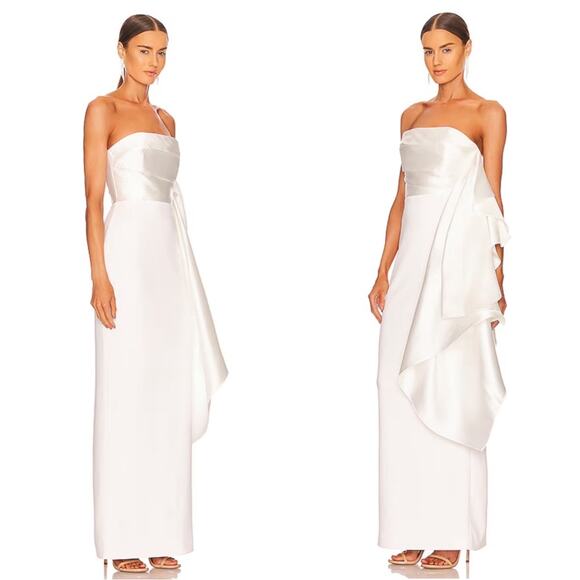 Solace London Milena Strapless Ruched Draped Ruffle White Maxi Dress Size 6 - Picture 3 of 13